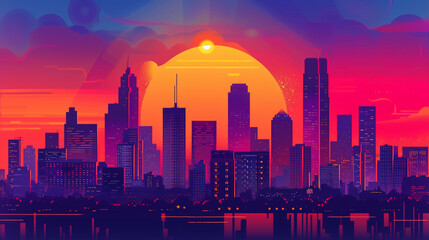 Develop a dynamic city skyline illustration with bold outlines against the vibrant sunset gradient.