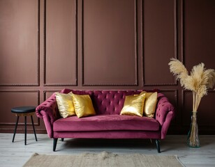 Art deco interior design of modern living room, home. Crimson sofa with golden pillows against empty dark red venetian stucco wall with copy space.