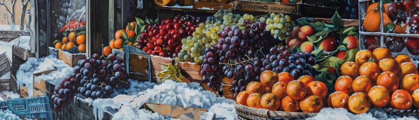Craft a traditional oil painting depicting a birds-eye view of a winter scene, with a cozy market stall displaying a variety of seasonal fruits like juicy oranges, crimson cranberries, and succulent g