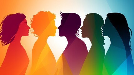 Multicultural Women Empowerment: Diverse Group of Female Colleagues - Silhouette Profiles Illustrating Racial Equality and Unity in Global Community Concept