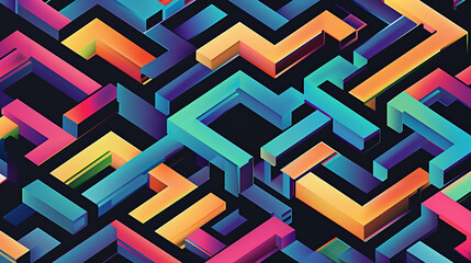 Black background with colorful lines in the shape of isometric squares, arranged horizontally and vertically to form a maze pattern. 