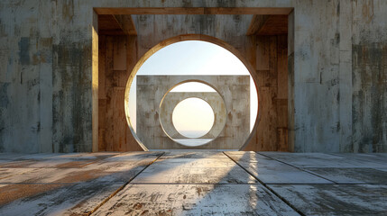 Concrete circular architecture with successive arches and sea view at sunrise. Abstract and modern design concept.