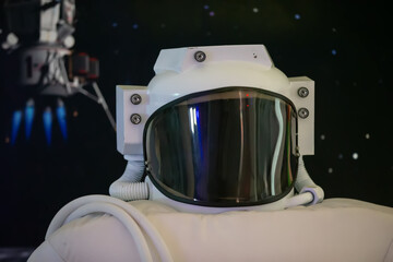 A helmet for an astronaut in close-up on a dark background.