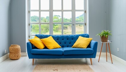 Minimalist interior design of modern living room, home. Blue sofa with yellow pillows near window.