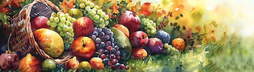 Craft a traditional watercolor painting showcasing a whimsical birds-eye view of an overflowing cornucopia of assorted fresh fruit spilling out of a wicker basket onto a sun-dappled grassy meadow Emph