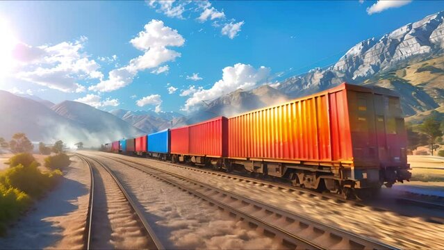 Dynamic view of a freight train with intermodal containers in transit