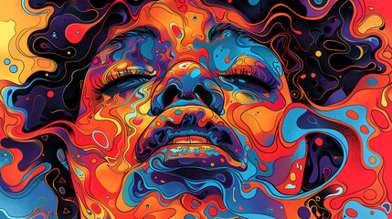 A portrait of a woman's face with bright colors and a trippy, psychedelic vibe.