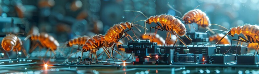 A group of dust mites constructing a tiny robot from electronic components
