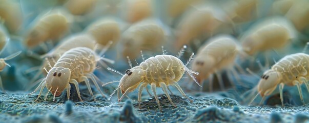 Dust mites participating in a microscale technology fair, displaying tiny gadgets