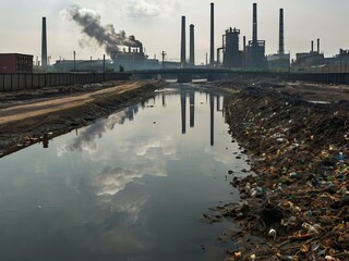Obraz premium Water pollution in the river occurs because industries do not treat water before draining it