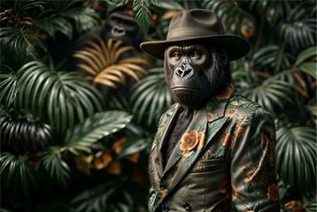 Creative animal concept. Gorilla in luxury lush coat outfits isolated on natural floral wildlife foliage leafy green forest nature habitat background. advertisement, copy text space 