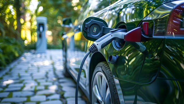 Green energy EV charging station for electric vehicles promotes ecofriendly transportation . Concept Ecofriendly Transportation, Electric Vehicles, Green Energy, EV Charging Stations