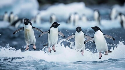 Adelie penguin jumping on ice floes