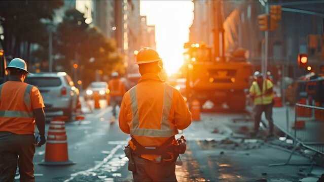 Busy construction crew focused on roadside work, framed in a professional context
