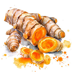 delicious and fresh Turmeric ,illustration watercolor isolate 