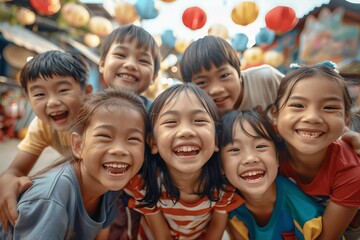 Group of happy asian children smiling and having fun together in the street