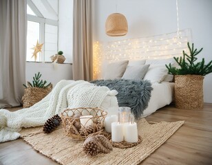 Scandinavian interior design of modern bedroom.