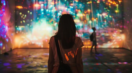 A woman stands facing a dynamic projection of fireworks, showcasing vibrant colors and shapes in a dark setting.