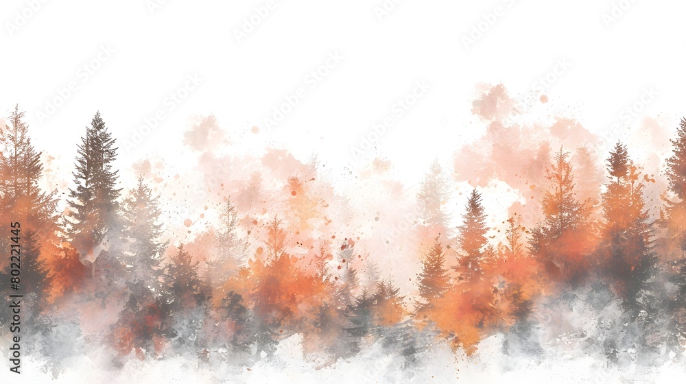 Poster minimalist watercolor splash of autumn forest at dawn with subtle hints of color