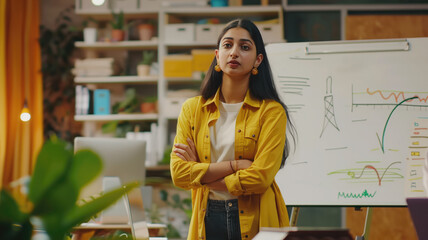 Focused Indian young female presenter or coach talk with the co workers or bussiness people, Generative AI