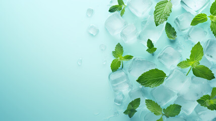Ice cubes and mint leaves, summer refreshing drink background