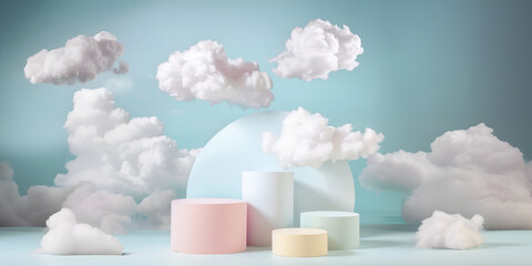 Abstract minimal concept. Pastel colourful colour podium stage with white cloud and blue skies sky background landscape. Mock up template for product presentation. copy text space	

