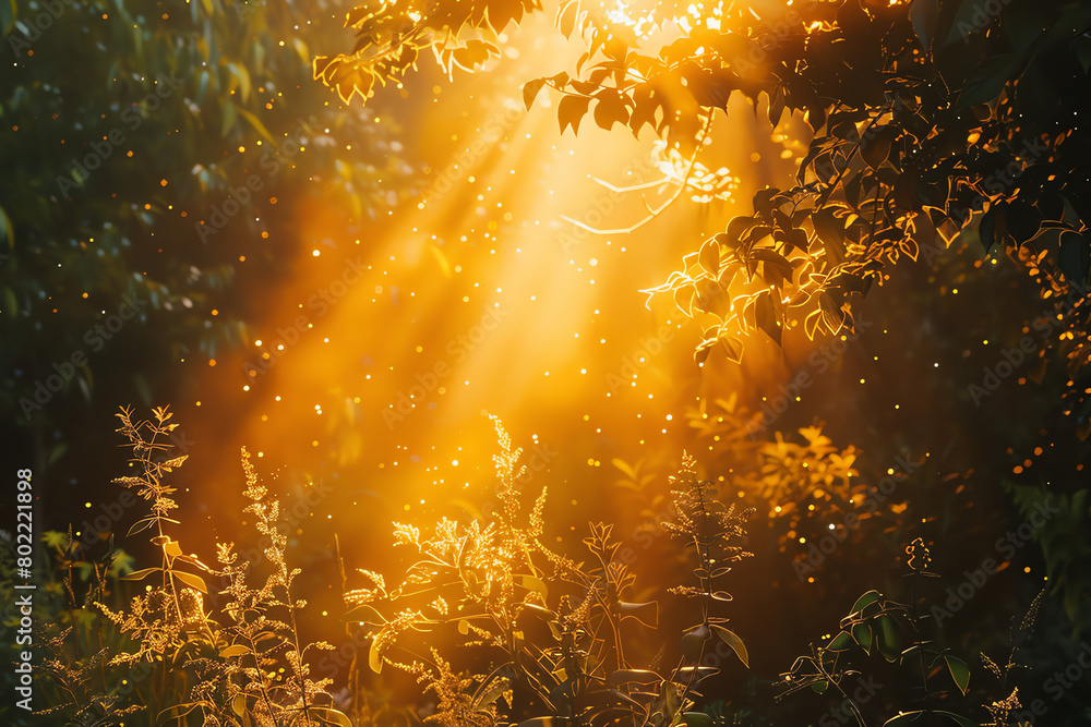 Poster sunlight filtering through trees in a forest during the golden hour