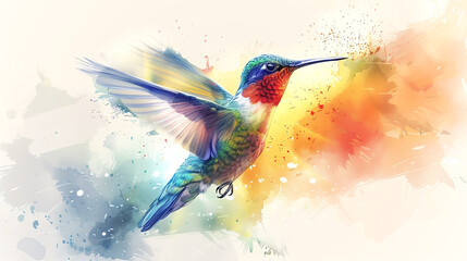A watercolor painting of a hummingbird in flight against a white background.