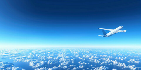 A white airplane is flying through a blue sky with clouds