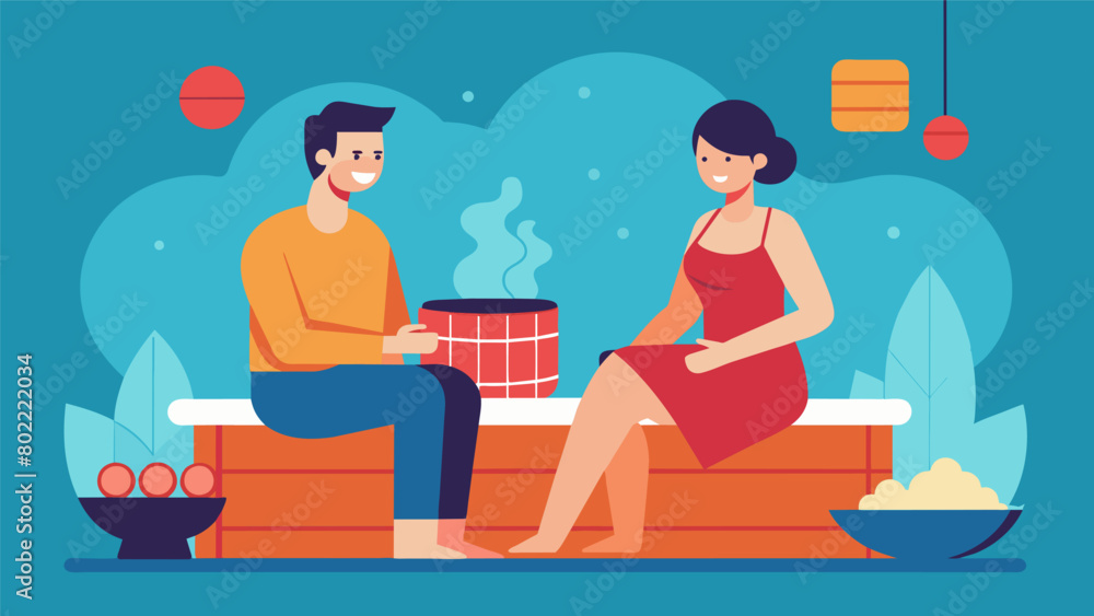 Poster a couple rests in the sauna using the time to connect and discuss strategies for coping with the phy