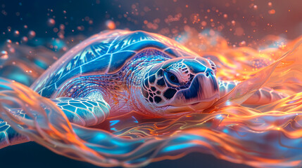 The Luminous Turtle A stunning depiction of a sea turtle adorned with radiant patterns, swimming through an enchanting seascape of fiery and icy hues