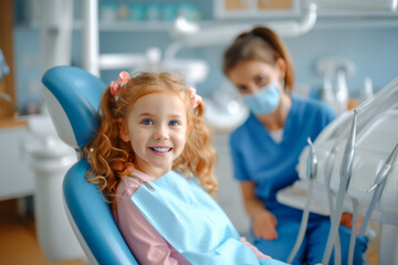 Child's First Dental Visit: Smiles and Care. A cheerful young girl with curly red hair smiles brightly in a dental chair, her dentist in blue scrubs ensures a comforting and professional atmosphere.
