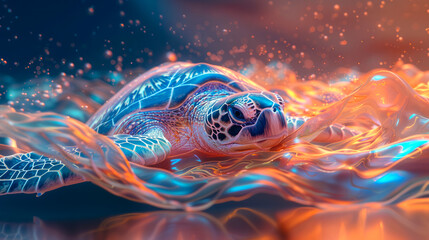 An Mystic sea turtle glides through a dreamlike underwater landscape, its shell glowing with vibrant hues that reflect a magical underwater world.