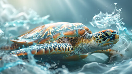 Capture the serene grace of a sea turtle navigating crystalline blue waters, highlighted by the gentle play of light and shadow