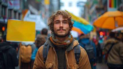 Activist in Urban Protest.  A young activist with a contemplative expression stands among a crowd during a vibrant street protest, embodying a moment of peaceful advocacy.