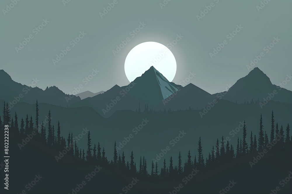 Wall mural A minimalistic flat design illustration of serene mountains and blue sky.