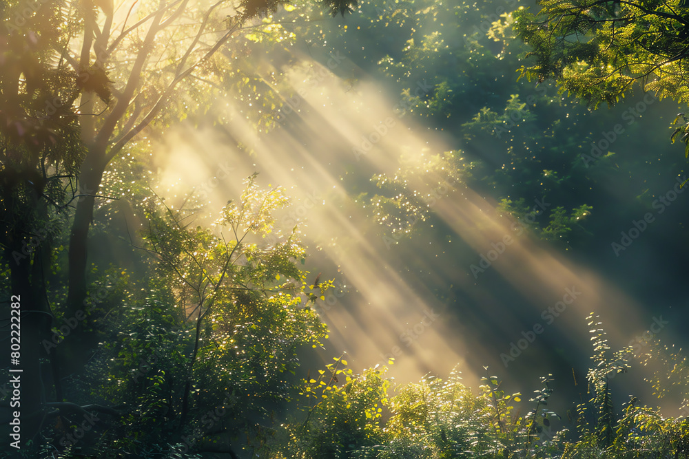 Poster sunlight filtering through trees in a tranquil forest during early morning hours