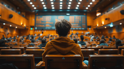 A young man sits in a nearly empty auditorium.