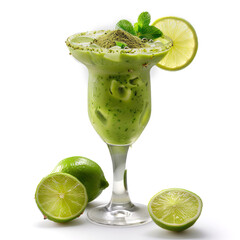 Matcha Margarita Lime made with tequila, A glass filled with a vibrant green smoothie, surrounded by fresh limes, creating a refreshing and nutritious drink.