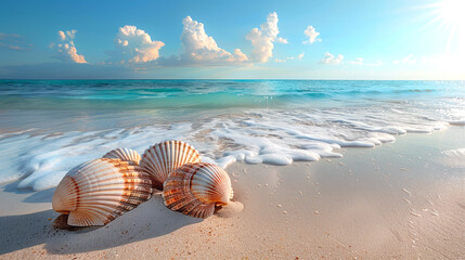 Vibrant seashells on a sunlit beach with crystal-clear turquoise waters under a bright blue sky, evoking a paradise escape.  
