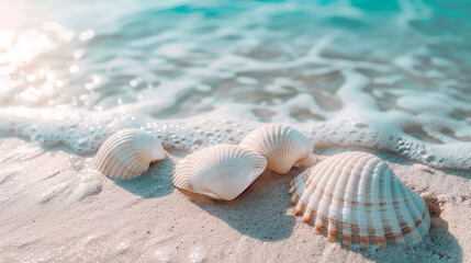 Exquisite seashells and a starfish lie on a pristine sandy beach, highlighted by the sun's glittering reflections on the turquoise ocean water.