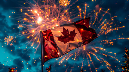 The bold red and white of the Canadian flag is illuminated by fireworks in the night sky, showcasing the country's spirit and pride.
