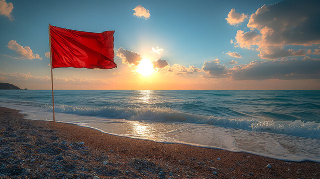 A red flag warning on a beach at sunset, indicating hazardous conditions for swimming and highlighting safety concerns.


