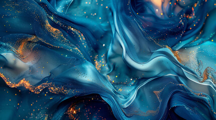 Design an artwork featuring abstract silk in azure blue tones, adorned with luminous glitters that...