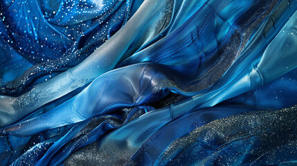 Design an artwork featuring abstract silk in azure blue tones, adorned with luminous glitters that...
