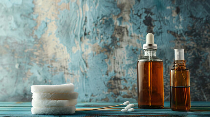 Cotton pad swabs and bottles with iodine on grunge background