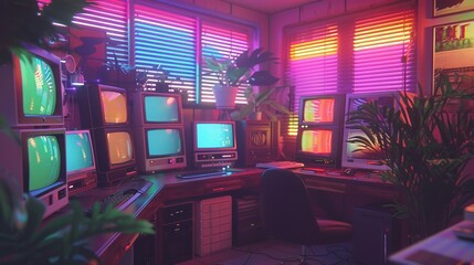 Retro monitors with colorful stripes in a room with neon-lit blinds and indoor plants.