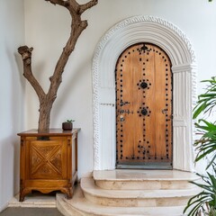 Wooden cabinet near venetian stucco wall with arched doorway Mediterranean interior design of modern entrance hall with staircase.