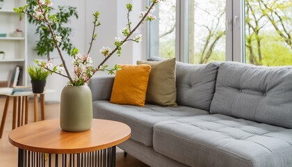 Close up of ceramic vase with blossom twigs on round wooden coffee table against grey sofa and window. Minimalist home interior design of modern living room