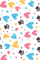 Vertical Pattern with hearts and paws of pets on a white background. Colorful hearts, paws, polka dots and stars.